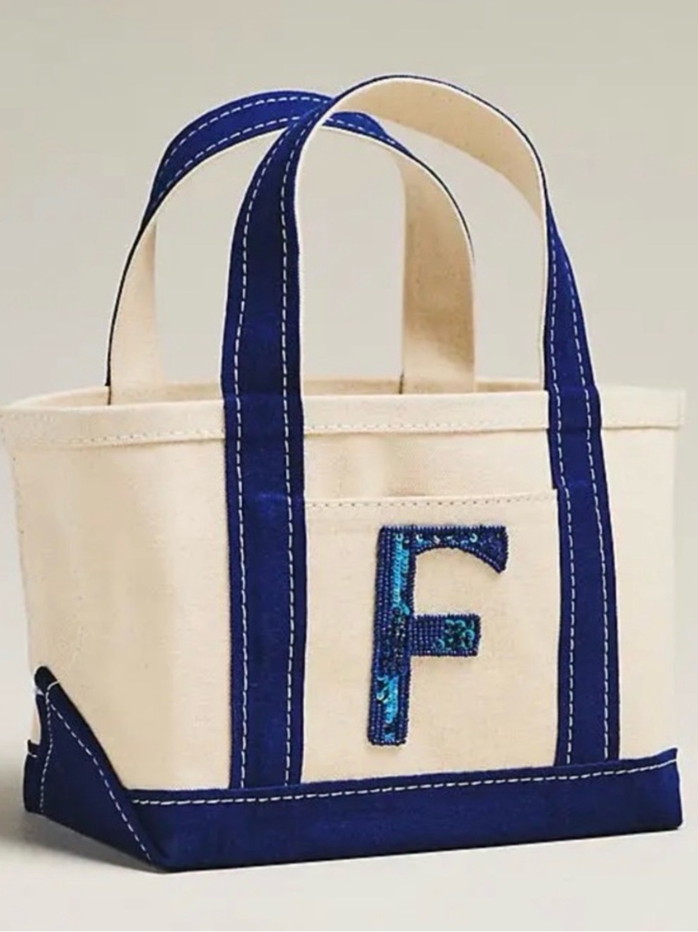 NWT Anthropologie Cream Canvas Baby Tote with Navy Handles and Sequin Initial F